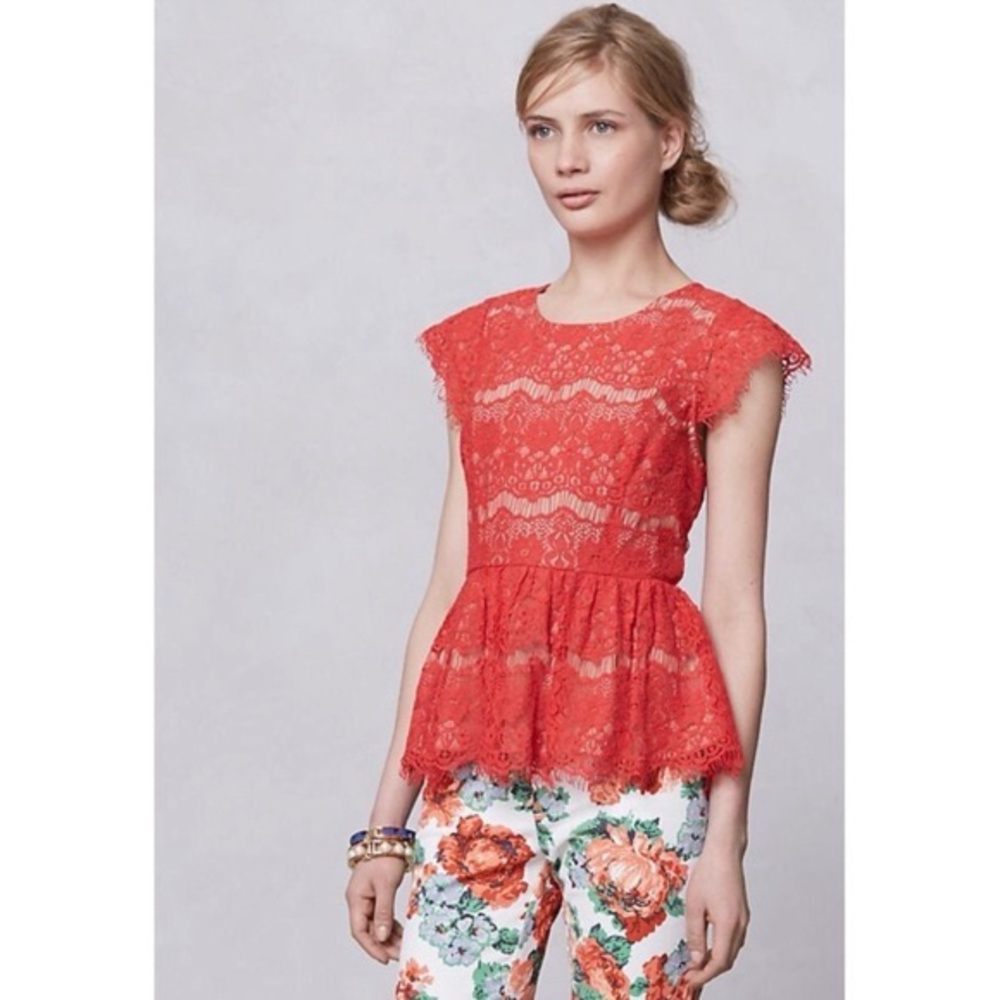 Anthropology’s Maeve Katrin Lace Cap Sleeve Peplum Blouse in Red